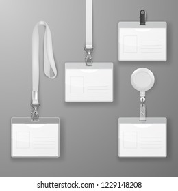 Vector Realistic Blank Office Graphic Id Card Set with Clasp, Holder Cllip and Lanyard Set Closeup Isolated. Design Template of Identification Card for Mockup. Identity Card Mock-up in Top view