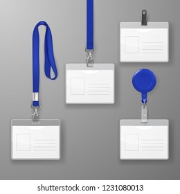 Vector Realistic Blank Office Graphic Id Card Set With Blue Clasp, Holder Cllip And Lanyard Set Closeup Isolated. Design Template Of Identification Card For Mockup. Identity Card Mock-up In Top View