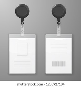 Vector Realistic Blank Office Graphic Id Cards with Round Clasp Reel Holder Clip Closeup Isolated. Front, Back Side. Design Template of Identification Card for Mockup. Identity Card Mock-up. Top View