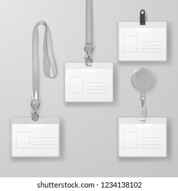 Vector Realistic Blank Office Graphic Id Card Set with Gray Clasp, Holder Cllip and Lanyard Set Closeup Isolated. Design Template of Identification Card for Mockup. Identity Card Mock-up in Top view