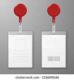 Vector Realistic Blank Office Graphic Id Cards with Round Clasp Reel Holder Clip Closeup Isolated. Front, Back Side. Design Template of Identification Card for Mockup. Identity Card Mock-up. Top View