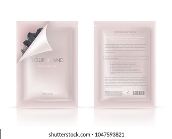 Vector realistic blank package, disposable foil sachet, open and closed, for facial mask or shampoo isolated on background. Cosmetic product for face care, skin treatment. Mockup for packaging design