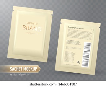 Vector realistic blank package, disposable foil sachet for facial mask or shampoo, isolated on transparent background. Cosmetic product for face care, skin treatment. Mockup for brand promotion