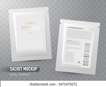 Vector realistic blank package, disposable foil sachet for facial mask or shampoo, isolated on transparent background. Cosmetic product for face care, skin treatment. Mockup for brand promotion