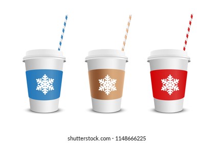 Vector realistic blank paper coffee cup isolated on white with snowflakes. Vector illustration.