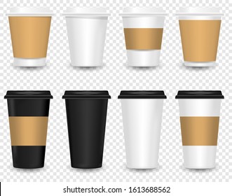 Vector realistic blank paper coffee cup set isolated. Coffee Cup Mockup 3D. Disposable plastic and paper tableware vector template for Hot Drinks