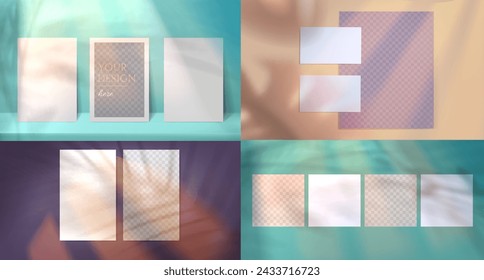 Vector realistic blank paper sheet and shadow overlay effect. Frames or greeting cards mockup design template and natural soft window light. Leaf shadows from branches, plant, foliage on empty posters