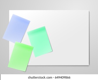 Vector realistic blank paper sheet mockup on light grey background. Sticker colored set Flayer, poster template for your design