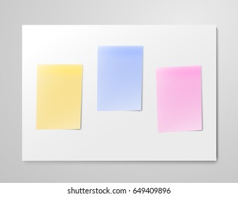 Vector realistic blank paper sheet mockup on light grey background. Sticker colored set Flayer, poster template for your design
