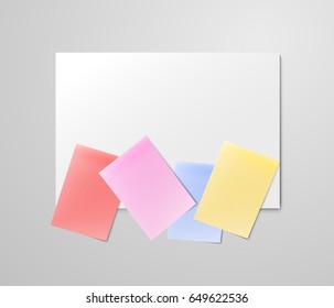 Vector realistic blank paper sheet mockup on light grey background. Flayer, poster template for your design. Colored random stickers on grey frigde door