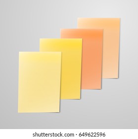 Vector realistic blank paper sheet mockup on light grey background. Flayer, poster template for your design. Yellow orange colored stickers