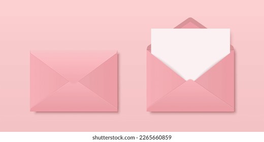 Vector Realistic Blank Pink Closed, Opened Envelopes with Letter Inside. Folded, Unfolded White Envelope Icon, Mockup Set Closeup Isolated. Message, Alert, Congratulations, Surprise, Secret Concept