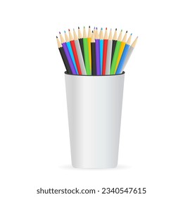 Vector realistic blank plastic cup-stand with a set of colored pencils , stands upright in a glass. Design template, icon, clipart or mockup for graphics - web, app. Front view. Vector illustration
