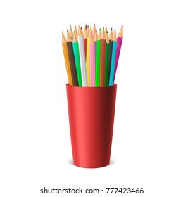 Vector realistic blank plastic cup-stand with a set of colored pencils. Closeup isolated on white background. Design template, icon, clipart or mockup for graphics - web, app. Front view