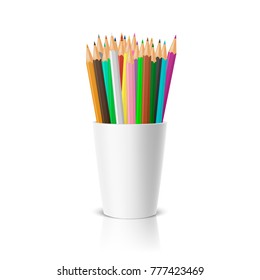 Vector realistic blank plastic cup-stand with a set of colored pencils. Closeup on white background with reflection. Design template, icon, clipart or mockup for graphics - web, app. Front view