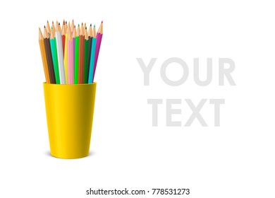 Vector realistic blank plastic cup-stand with a set of colored pencils. Closeup isolated on white background. Design template, icon, clipart or mockup for graphics - web, app. Front view