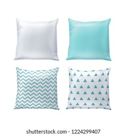 Vector realistic blank and printed pillows in white and blue colors isolated on white background