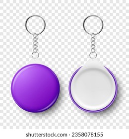 Vector Realistic Blank Purple Round Keychain with Ring and Chain for Key Isolated. Button Badge with Rin, Plastic or Metal ID Badge with Chains Key Holder, Design Template, Mockup. Front View