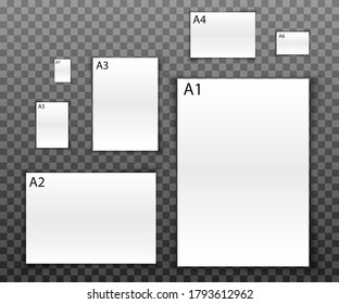 vector realistic blank space paper collection of different sizes sheets on transparent background.
