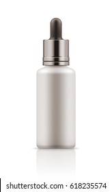 Vector realistic blank template of glass bottle with dropper for organic aromatic essential oil. Mock-up of package. Empty and clean 3d white plastic container for liquid, essence.
