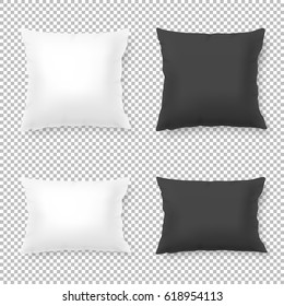 Vector realistic blank white, black square and rectangular pillow or cushion icon set isolated on transparent background. Design template in EPS10.