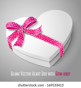 Vector realistic blank white heart shape box with pink and white ribbon and bow-knot isolated on gray background. For your valentines day or love presents design. 