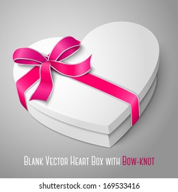 Vector realistic blank white heart shape box with pink and white ribbon and bow-knot isolated on gray background. For your valentines day or love presents design. 