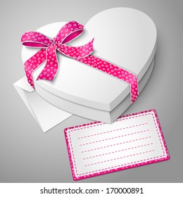 Vector realistic blank white heart shape box with ribbon and bow-knot isolated on gray background with envelope and message card for your text. For your valentines day or love presents design.