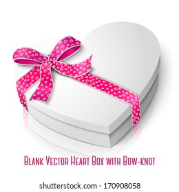 Vector realistic blank white heart shape box with pink and white ribbon and bow-knot isolated on  white background with reflection. For your valentines day or love presents design.