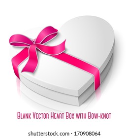 Vector realistic blank white heart shape box with pink and white ribbon and bow-knot isolated on white background with reflection. For your valentines day or love presents design.