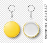 Vector Realistic Blank Yellow Round Keychain with Ring and Chain for Key Isolated. Button Badge with Rin, Plastic or Metal ID Badge with Chains Key Holder, Design Template, Mockup. Front View