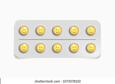 Vector realistic blister with yellow pills with smile icon isolated on transparent background.