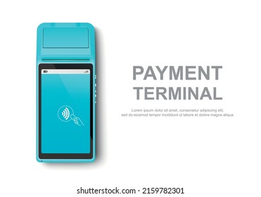 Máquina de pago móvil Vector Realista Blue 3d Touch NFC. Cierre de terminal POS aislado en blanco. Plantilla de diseño de terminal móvil sin contacto de pago bancario, Mockup. Dispositivo de pagos. Vista superior