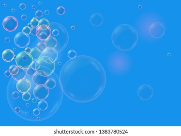 Vector realistic blue background with colorfull transparent soap water bubbles, balls or spheres. 3D illustration.