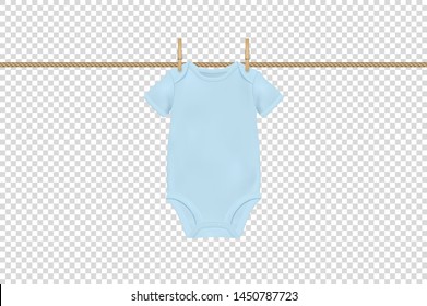 Vector Realistic Blue Blank Baby Bodysuit on the Rope and Clothespins, Mock-up Closeup Isolated. Front Side. Body children, baby shirt, onesie. Accessories, clothes for newborns