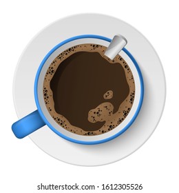 vector realistic blue coffee cup with coffee and coffee spoon on the saucer