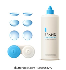 Vector realistic blue contact lens container, silicone lenses and cleaning solution bottle. Eyesight car product advertising elements.