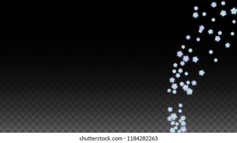 Vector Realistic Blue Flowers Falling on Transparent Background.  Spring Romantic Flowers Illustration. Flying Petals. Sakura Spa Design.  Blossom Confetti. Design Elements for  8 March Card.