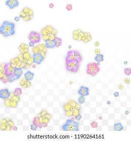 Vector Realistic Blue Flowers Falling on Transparent Background.  Spring Romantic Flowers Illustration. Flying Petals. Sakura Spa Design.  Blossom Confetti. Design Elements for  Poster Design. 