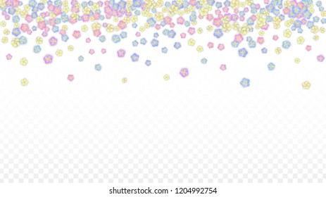 Vector Realistic Blue Flowers Falling on Transparent Background.  Spring Romantic Flowers Illustration. Flying Petals. Sakura Spa Design.  Blossom Confetti. Design Elements for  Poster Design. 