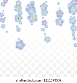 Vector Realistic Blue Flowers Falling on Transparent Background.  Spring Romantic Flowers Illustration. Flying Petals. Sakura Spa Design.  Blossom Confetti. Design Elements for  Wedding Decoration.