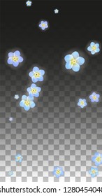 Vector Realistic Blue Flowers Falling on Transparent Background.  Spring Romantic Flowers Illustration. Flying Petals. Sakura Spa Design.  Blossom Confetti. Design Elements for  Wedding Decoration.