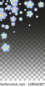 Vector Realistic Blue Flowers Falling on Transparent Background.  Spring Romantic Flowers Illustration. Flying Petals. 
