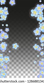 Vector Realistic Blue Flowers Falling on Transparent Background.  Spring Romantic Flowers Illustration. Flying Petals. Sakura Spa Design.  Blossom Confetti. Design Elements for  Poster Design. 