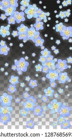 Vector Realistic Blue Flowers Falling on Transparent Background.  Spring Romantic Flowers Illustration. Flying Petals. Sakura Spa Design.  Blossom Confetti. Design Elements for  St. Valentine Day.