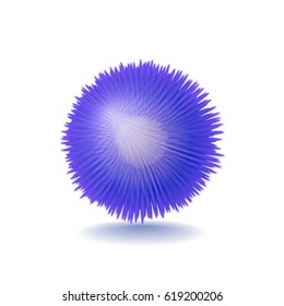 Vector realistic blue fluffy sphere. Furry soft round 3d isolated object. Fashion trend pompon style element