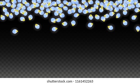 Vector Realistic Blue Petals Falling on Transparent Background.  Spring Romantic Flowers Illustration. Flying Petals. Sakura Spa Design.  Blossom Confetti. Design Elements for  Poster Design. 