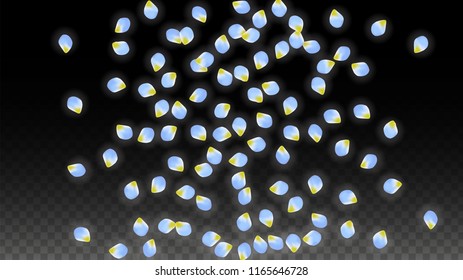 Vector Realistic Blue Petals Falling on Transparent Background.  Spring Romantic Flowers Illustration. Flying Petals. Sakura Spa Design.  Blossom Confetti. Design Elements for  Poster Design. 