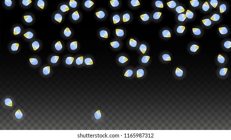 Vector Realistic Blue Petals Falling on Transparent Background.  Spring Romantic Flowers Illustration. Flying Petals. Sakura Spa Design.  Blossom Confetti. Design Elements for  Poster Design. 