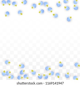 Vector Realistic Blue Petals Falling on Transparent Background.  Spring Romantic Flowers Illustration. Flying Petals. Sakura Spa Design.  Blossom Confetti. Design Elements for  St. Valentine Day.